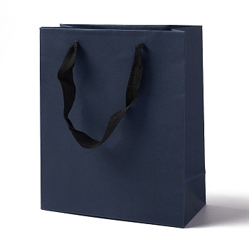 Kraft Paper Bags, with Ribbon Handles, Gift Bags, Shopping Bags, Rectangle, Prussian Blue, 22.7x19x8.7cm; Fold: 22.7x19x0.4cm