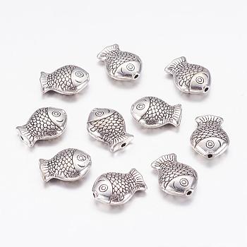 Tibetan Style Alloy Beads, Cadmium Free & Nickel Free & Lead Free, Fish, Antique Silver, 14x11x4mm, Hole: 1mm