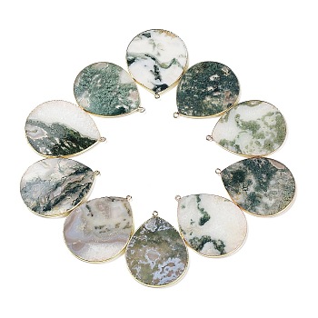Natural Moss Agate Pendants, with Brass Findings, Teardrop, Golden, 41~41.5x32x2mm, Hole: 1.5mm