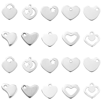 100Pcs 10 Styles 201 Stainless Steel Stamping Blank Tag Pendants, Heart, Stainless Steel Color, 6~13x5.5~12.5x0.5~1mm, Hole: 1~2.9mm, 10pcs/style