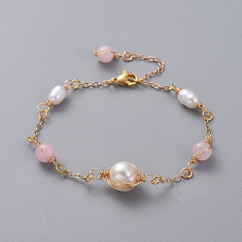 Natural Rose Quartz Link Bracelets, with Natural Pearl Beads, Golden Plated Brass Cable Chains and 304 Stainless Steel Lobster Claw Clasps, 7-1/8 inch(18cm)