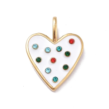 Ion Plating(IP) 304 Stainless Steel Pendants, with Rhinestone and Enamel, Heart Charm, Golden, 20.5x15x2.8mm, Hole: 4.5x3mm