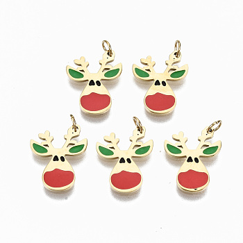 316 Surgical Stainless Steel Enamel Charms, with Jump Rings, Christmas Reindeer/Stag, Real 14K Gold Plated, 13.5x11x1mm, Jump Ring: 3.5x0.5mm, 2.5mm inner diameter
