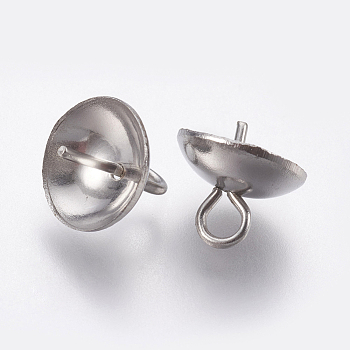 201 Stainless Steel Cup Pearl Peg Bails Pin Pendants, For Half Drilled Beads, Stainless Steel Color, Tray: 7mm, 8x8mm, Hole: 1.5mm, Pin: 0.5mm