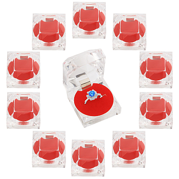Square Diamond Acrylic Ring Storage Boxes, Ring Display Case with Red Sponge inside, Clear, 4.5x4.5x4.2cm