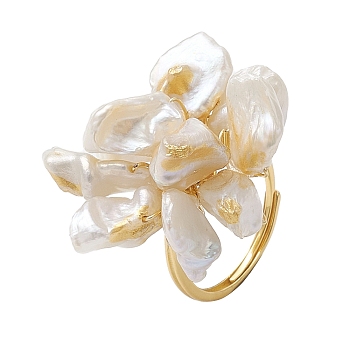 Flower Natural Pearl Adjustable Rings, Sterling Silver Finger Rings for Women, Real 18K Gold Plated, Inner Diameter: 18mm