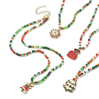 Christmas Theme Alloy Enamel Pendant Necklace with Glass Beaded Chains, Mixed Shapes, 16.54 inch(42cm)