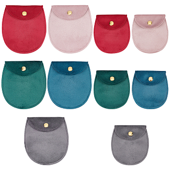 10Pcs 10 Styles Velvet Jewelry Storage Pouches, Oval Jewelry Bags with Golden Tone Snap Fastener, for Earring, Rings Storage, Mixed Color, 8.3~9.8x7.7~9x0.8cm, 1pc/style