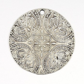 Antique Silver Alloy Flat Round Pendants, Lead Free, Size: about 40mm in diameter, 2mm thick, hole: 2mm.