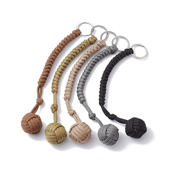 Polyester & Spandex Cord Ropes Braided Wood Ball Keychain, with 304 Stainless Steel Split Key Rings, Mixed Color, 24cm