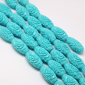 Synthetic Coral Beads Strands, Dyed, Oval Carved Flower Rose, Turquoise, 18x9~10mm, Hole: 1mm, about 22pcs/strand, 15.74 inch
