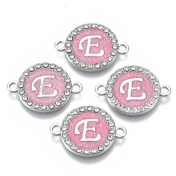Alloy Enamel Links Connectors, with Crystal Rhinestones, Flat Round with Letter, Silver Color Plated, Letter.E, 22x16x2mm, Hole: 1.8mm