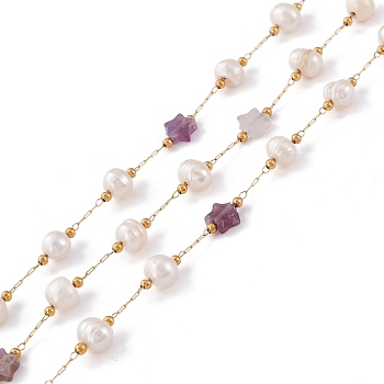 Natural Amethyst Star and Pearl Beaded Chains, with Stainless Steel Findings, Long-Lasting Plated, Soldered, with Spool, Golden, Link: 2x0.5x0.1mm, Bead: 5.5~7x5.5~6mm, Star: 6x6~6.5x2.5~3mm