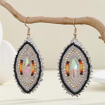 Bohemian Style Glass Bead Handmade Horse Eye Dangle Earrings for Women, Light Gold, White, 70x30mm