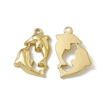 Vacuum Plating 201 Stainless Steel Pendants, Dolphin Charm, Real 18K Gold Plated, 19x12x3mm, Hole: 1.6mm
