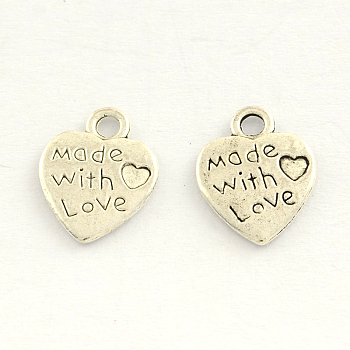 Tibetan Style Zinc Alloy Charms, Cadmium Free & Lead Free, Heart Carved Words Made with Love, For Valentine's Day, Antique Silver, 12x9.5x1mm, Hole: 2mm, about 2000pcs/1000g