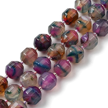 Natural Agate Beads Strands, Faceted Bicone Barrel Drum Beads, with Seed Beads, Dyed, Colorful, 12x11mm, Hole: 1.2mm, about 27pcs/strand, 14.49 inch(36.8cm)