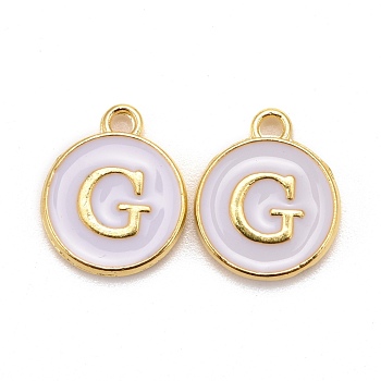 Golden Plated Alloy Charms, Cadmium Free & Lead Free, with Enamel, Enamelled Sequins, Flat Round with Letter, White, Letter.G, 14x12x2mm, Hole: 1.5mm