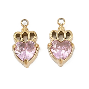 304 Stainless Steel Micro Pave Cubic Zirconia Pendants, Ion Plating(IP), Heart Charms, Real 18K Gold Plated, 11.5x6.5x2.5mm, Hole: 1.2mm