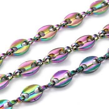 Ion Plating(IP) 304 Stainless Steel Coffee Bean Chain, Unwelded, with Spool, Rainbow Color, 7.5x5.5x1.5mm, 32.8 Feet(10m)/roll