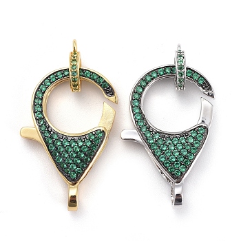 Brass Micro Pave Cubic Zirconia Lobster Claw Clasps, with Bail Beads/Tube Bails, Green, Platinum & Golden, Clasp: 26.5x17.5x5.5mm, Hole: 2.5mm, Tube Bails: 9.5x7.5x2mm, Hole: 1.2mm