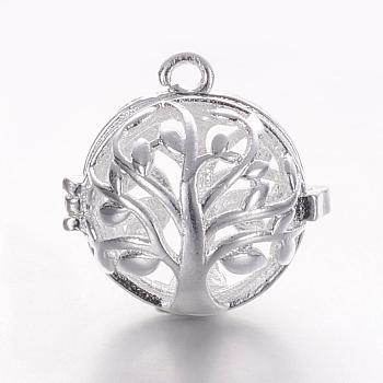 Brass Cage Pendants, For Chime Ball Pendant Necklaces Making, Hollow Round with Tree of Life, Silver Color Plated, 17x17.5x15mm, Hole: 1mm, Inner Diameter: 11.5mm