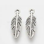 Tibetan Style Alloy Pendants, Feather, Cadmium Free & Lead Free, Antique Silver, 15x5x1.5mm, Hole: 1mm, about 3330pcs/1000g(TIBEP-S317-10AS-RS)