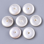 Spray Painted Shell Pearl Beads, Flat Round, Creamy White, 14x4mm, Hole: 1~1.6mm(SHEL-N026-27)