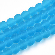 Transparent Glass Beads Strands, Frosted, Round, Deep Sky Blue, 6~6.5mm, Hole: 1.4mm, about 67~70pcs/strand, 14.76 inch~15.16 inch(37.5~38.5cm)(GLAA-T032-T6mm-MD06)