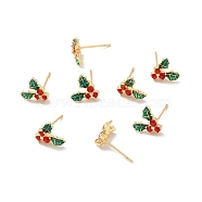 Cubic Zirconia Cherry Stud Earrings with Enamel, Real 18K Gold Plated Brass Jewelry for Women, Cadmium Free & Nickel Free & Lead Free, Colorful, 9x10.5mm, Pin: 0.7mm(EJEW-P199-14G)