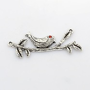 Antique Silver Tone Alloy Rhinestone Bird Links connectors, Magpie and Branch, Light Siam, 57x21x5mm, Hole: 2mm(ALRI-J142-21AS)