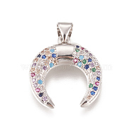 Brass Micro Pave Cubic Zirconia Pendants, Long-Lasting Plated, Lead Free & Cadmium Free & Nickel Free, Ox Horn Shape, Colorful, Real Platinum Plated, 20x18.5x3mm, Hole: 3.5x4mm(ZIRC-L078-056P-NR)