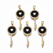 Brass Micro Pave Clear Cubic Zirconia Pendants, with Enamel, Nickel Free, Key with Heart, Real 18K Gold Plated, Black, 29x11.5x3mm, Hole: 2.5x4.5mm(KK-T063-85-NF)