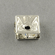 Square Brass Rhinestone Spacer Beads, Silver Color Plated, 8x8x3.5mm, Hole: 1.5mm(RB-R031-42)