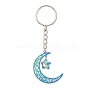 Stainless Steel Hollow Moon Keychains, with Iron Keychain Ring and Star Glass Pendant, Rainbow Color, 9.4cm(KEYC-JKC00584-03)