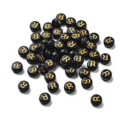 Plating Opaque Acrylic Beads, Golden Metal Enlaced, Flat Round with Letter, Letter R, 7x3.5mm, Hole: 1.2mm, about 3846pcs/500g(OACR-R005-03R)