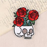 Computerized Embroidery Cloth Sew on Patches, Costume Accessories, Skull with Rose, Red, 100x54mm(PW-WG19228-03)