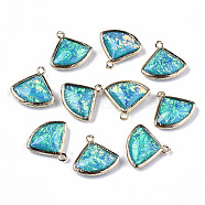 Resin Pendants, Imitation Opal, with Brass Findings, Triangle, Golden, Medium Turquoise, 18x19x5.5~6mm, Hole: 1.4mm(RESI-S373-02A)