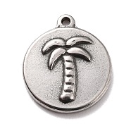 Non-Tarnish 304 Stainless Steel Pendants, Textured, Flat Round with Coconut Tree, Stainless Steel Color, 16.5x14.5x2.5mm, Hole: 1.2mm(STAS-B024-18P)