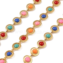 Brass Dapped Chains, with Enamel, Real 18K Gold Plated, Unwelded, with Spool, Flat Oval, Colorful, 9x6x1.5mm, about 32.81 Feet(10m)/Roll(CHC-K016-01G-02)