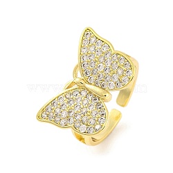 Butterfly Brass Micro Pave Clear Cubic Zirconia Open Cuff Rings for Women, Real 18K Gold Plated, Butterfly: 21x14mm(RJEW-U003-11G)