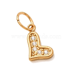 304 Stainless Steel Micro Pave Clear Cubic Zirconia Charms, Heart Charms, Golden, 9x6x1.5mm, Hole: 4mm(CU-CBAB6EC-22G)