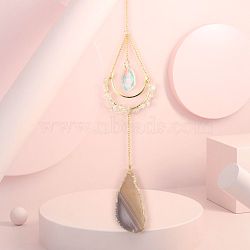 Natural Quartz Crystal Chip Wrapped Moon Hanging Ornaments, Glass Teardrop and Agate Slices Tassel Suncatchers for Home Outdoor Decoration, 430mm(PW-WG89822-06)