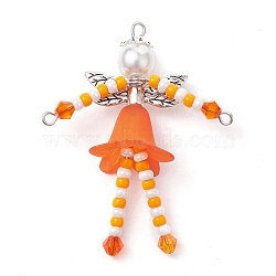 Glass Seed & Acrylic Pearl Beaded Big Pendants, with Alloy Fairy Wing & 304 Stainless Steel Findings, Angel Charms, Orange, 52x40x18mm, Hole: 1.6mm(PALLOY-MZ00194-02)
