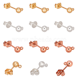 Brass Post Earring Findings, with Loop, Ear Nuts and Bead Container, Mixed Color, 15x6mm, Hole: 1mm, Ball: 4mm, Pin: 0.8mm, about 90sets/box(KK-PH0035-78)