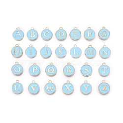 Initial Letter A~Z Alphabet Enamel Charms, Flat Round Disc Double Sided Charms, Golden Plated Enamelled Sequins Alloy Charms, Light Sky Blue, 14x12x2mm, Hole: 1.5mm, 26pcs/set(ENAM-Q437-02)