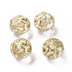 Plating Acrylic Beads, Golden Metal Enlaced, Round with Flower, Clear, 15.5mm, Hole: 2mm(X-OACR-E014-09)