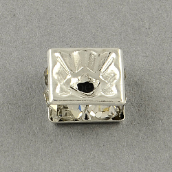 Square Brass Rhinestone Spacer Beads, Silver Color Plated, 8x8x3.5mm, Hole: 1.5mm(RB-R031-42)