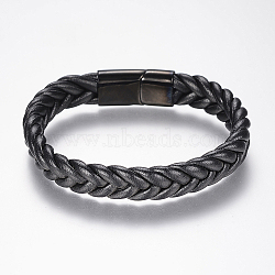 Braided Leather Cord Bracelets, with 304 Stainless Steel Findings and Magnetic Clasps, Gunmetal, 8-5/8 inch(220mm), 29x14x8mm(BJEW-H560-01B)