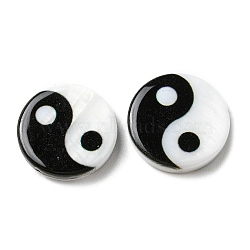 Printed Natural Freshwater Shell Beads, Yin Yang Flat Round Beads, Black, 15x3~3.5mm, Hole: 0.7mm(SHEL-R129-07C-01)